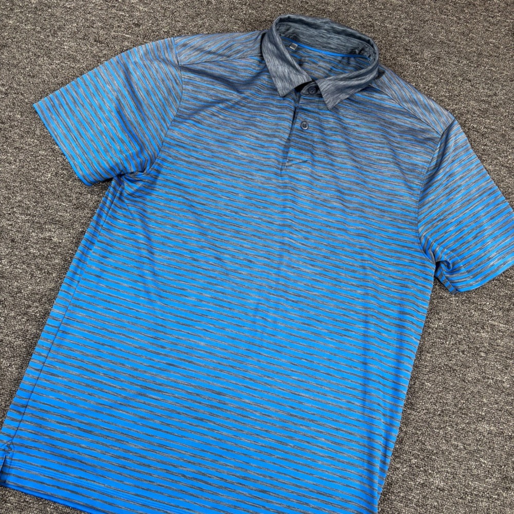 Under Armour Polo Shirt Mens Medium Blue Grey Striped Short Sleeve Golf Top